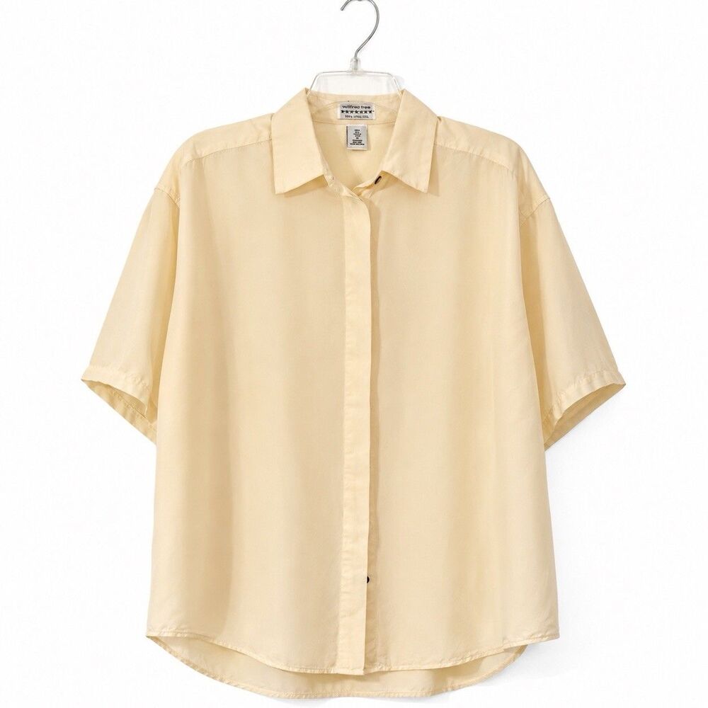 Express 100% Silk Shirt Womens M Yellow Short Sleeve Button Front Blouse Vtg Y2K